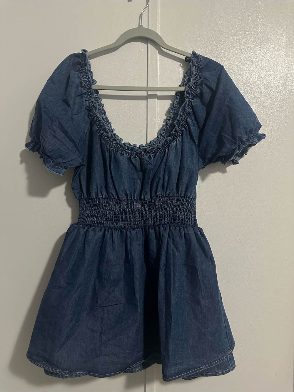 indulge Indigo Blue Puff Sleeve Smocked Waist Mini Dress